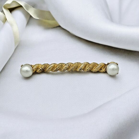 Vintage Bar Brooch Large Gold Pearl Twisted Rope Elegant Estate Jewelry Pin - Picture 1 of 6